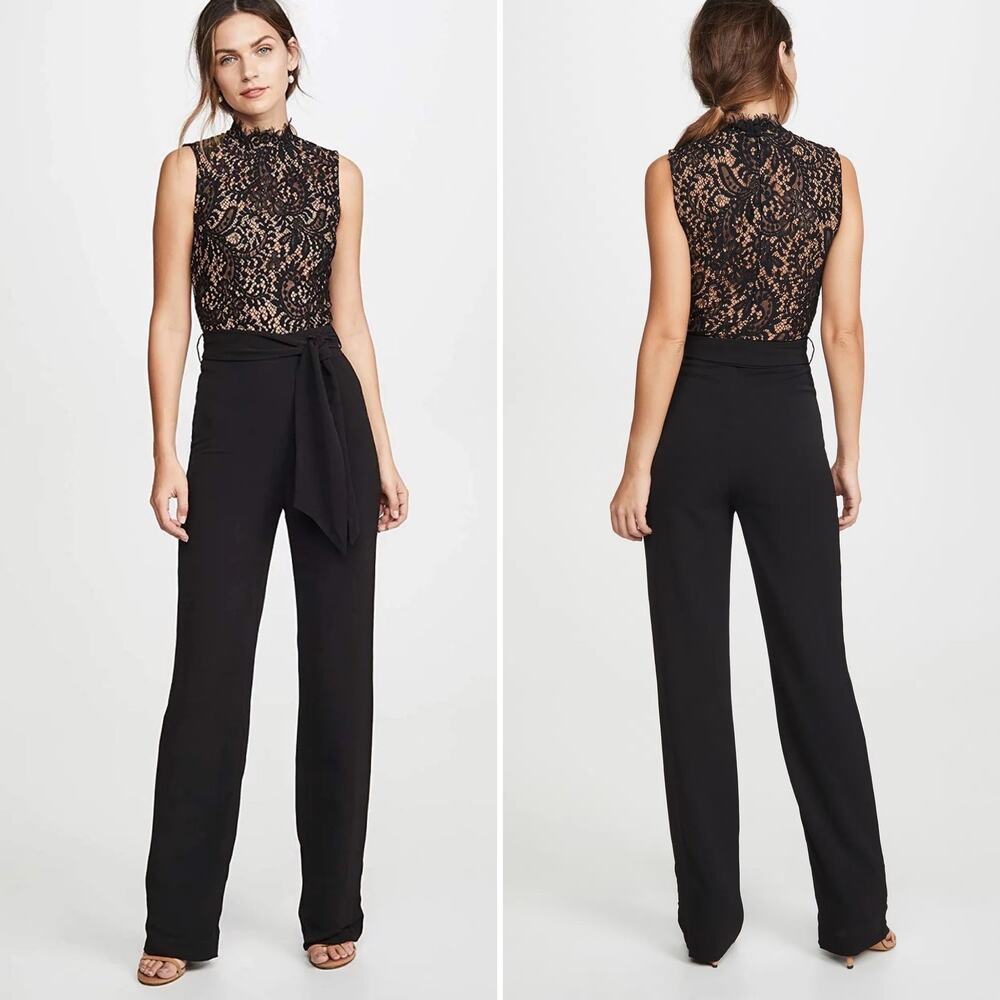 MISHA COLLECTION JOSIE PANTSUIT BLACK SIZE 4 Lace High Neck Wide Leg High Waist